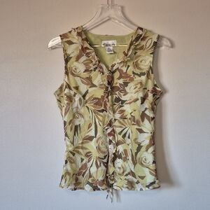 Vintage 90s Retro Silk Floral Ruffle Sleeveless Top Green Brown, Size M, Fairy